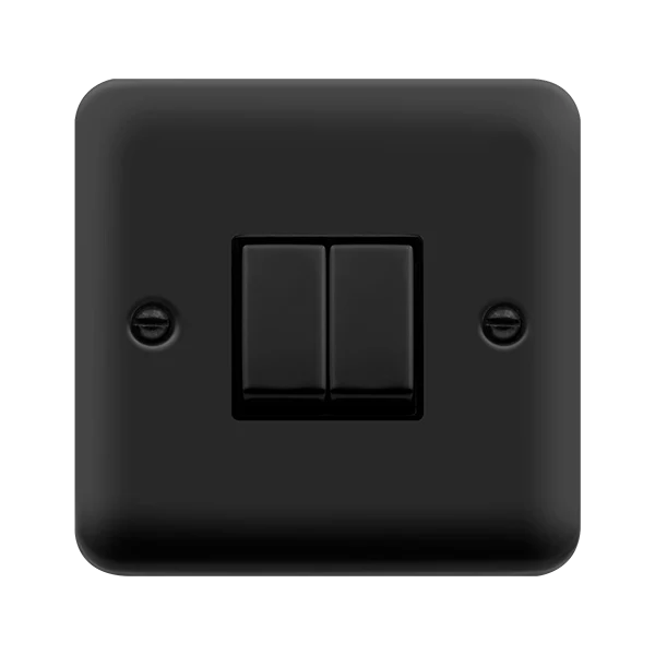 Curved Matt Black 10AX Ingot 2 Gang 2 Way Light Switch - Black Trim