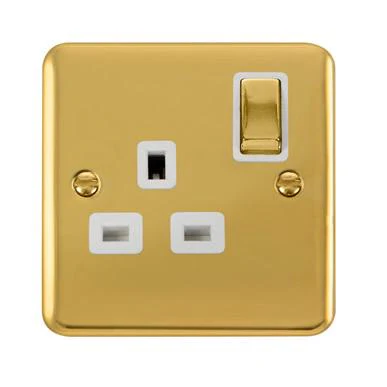Curved Polished Brass 13A Ingot 1 Gang DP Switched Socket - White Trim