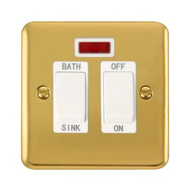 Curved Polished Brass 20A DP Sink/Bath Switch With Neon - White Trim