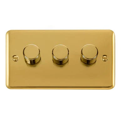 Curved Polished Brass 3 Gang 2 Way LED 100W Trailing Edge Dimmer Light Switch
