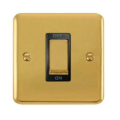 Curved Polished Brass 45A Ingot 1 Gang DP Switch - Black Trim