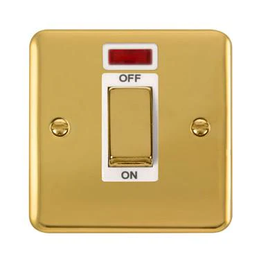 Curved Polished Brass 45A Ingot 1 Gang DP Switch With Neon - White Trim