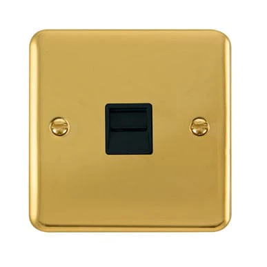 Curved Polished Brass Single Telephone Outlet - Master - Black Trim