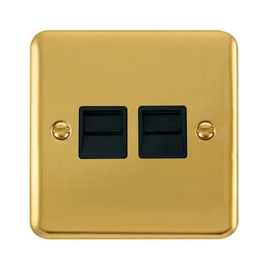 Curved Polished Brass Twin Telephone Outlet - Secondary - Black Trim