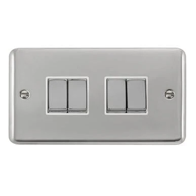Curved Polished Chrome 10AX Ingot 4 Gang 2 Way Plate Switch - White Trim