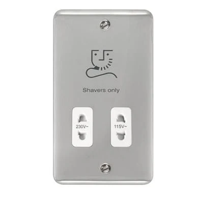 Curved Polished Chrome 115/230V Dual Voltage Shaver Socket - White Trim