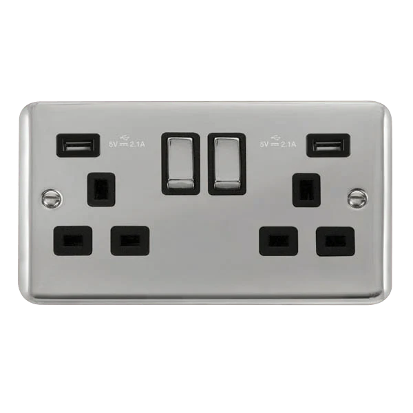 Curved Polished Chrome 2 Gang 13A DP Ingot 2 USB Twin Double Switched Plug Socket - Black Trim