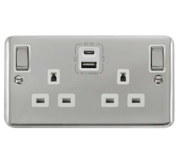 Curved Polished Chrome 2 Gang 13A DP Ingot Type A & C USB Twin Double Switched Plug Socket - White Trim