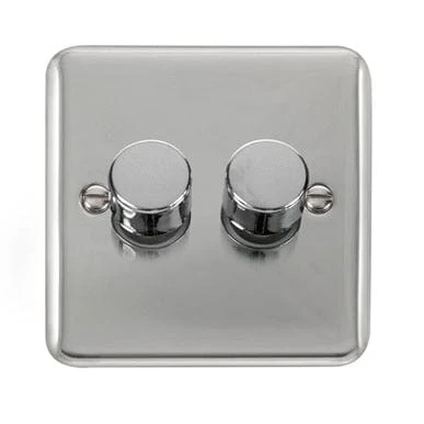 Curved Polished Chrome 2 Gang 2 Way LED 100W Trailing Edge Dimmer Light Switch