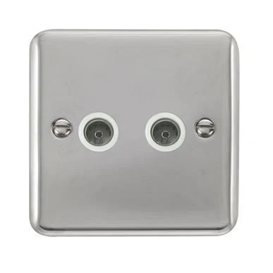 Curved Polished Chrome Twin Coaxial Outlet - White Trim