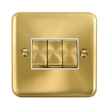 Curved Satin Brass 10AX Ingot 3 Gang 2 Way Light Switch - White Trim