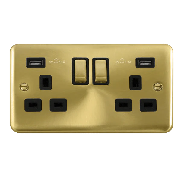 Curved Satin Brass 2 Gang 13A DP Ingot 2 USB Twin Double Switched Plug Socket - Black Trim