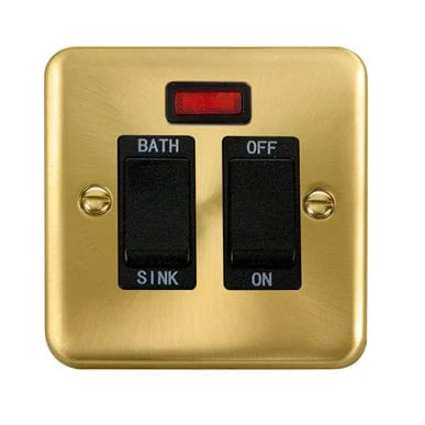 Curved Satin Brass 20A DP Sink/Bath Switch With Neon - Black Trim
