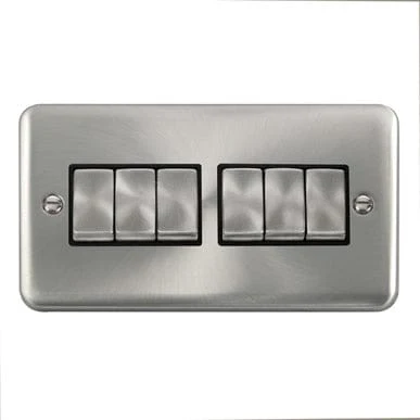 Curved Satin Chrome 10AX Ingot 6 Gang 2 Way Plate Switch - Black Trim