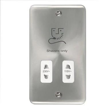 Curved Satin Chrome 115/230V Dual Voltage Shaver Socket - White Trim