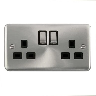 Curved Satin Chrome 13A Ingot 2 Gang DP Switched Socket - Black Trim