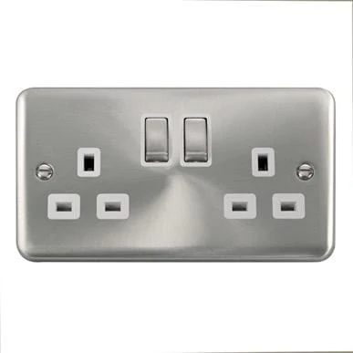 Curved Satin Chrome 13A Ingot 2 Gang DP Switched Socket - White Trim
