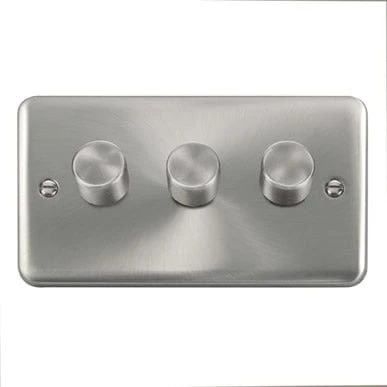 Curved Satin Chrome 3 Gang 2 Way LED 100W Trailing Edge Dimmer Light Switch
