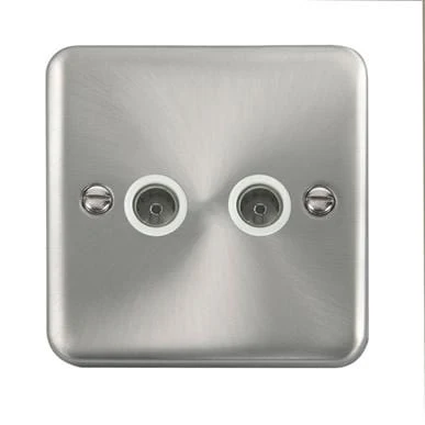 Curved Satin Chrome Twin Coaxial Outlet - White Trim
