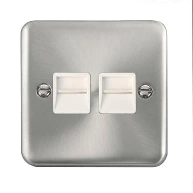Curved Satin Chrome Twin Telephone Outlet - Secondary - White Trim