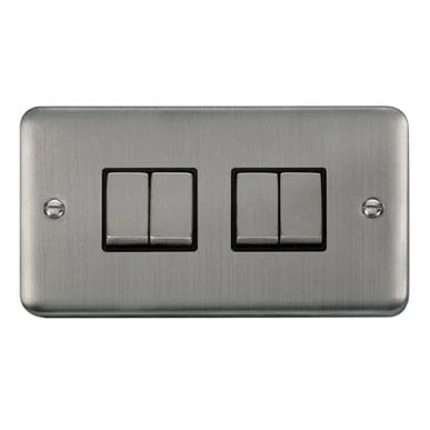 Curved Stainless Steel 10AX Ingot 4 Gang 2 Way Plate Switch - Black Trim
