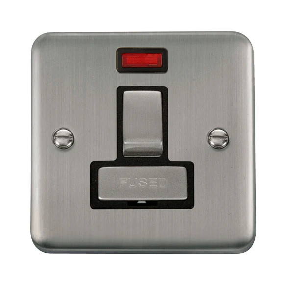 Curved Stainless Steel 13A Fused Ingot Connection Unit Switched With Neon - Black Trim
