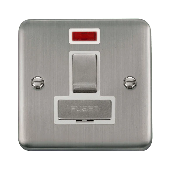 Curved Stainless Steel 13A Fused Ingot Connection Unit Switched With Neon - White Trim