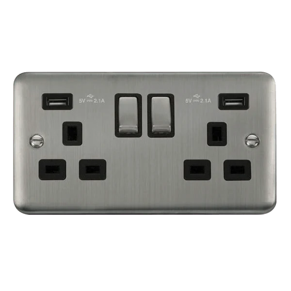 Curved Stainless Steel 2 Gang 13A DP Ingot 2 USB Twin Double Switched Plug Socket - Black Trim