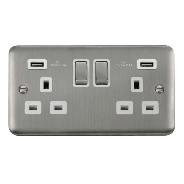 Curved Stainless Steel 2 Gang 13A DP Ingot 2 USB Twin Double Switched Plug Socket - White Trim