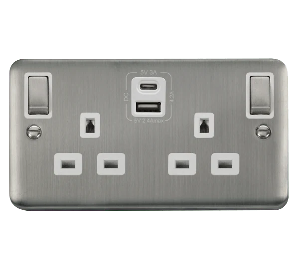 Curved Stainless Steel 2 Gang 13A DP Ingot Type A & C USB Twin Double Switched Plug Socket - White Trim