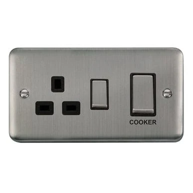 Curved Stainless Steel 45A Ingot 2 Gang DP Switch With 13A DP Switched Socket - Black Trim