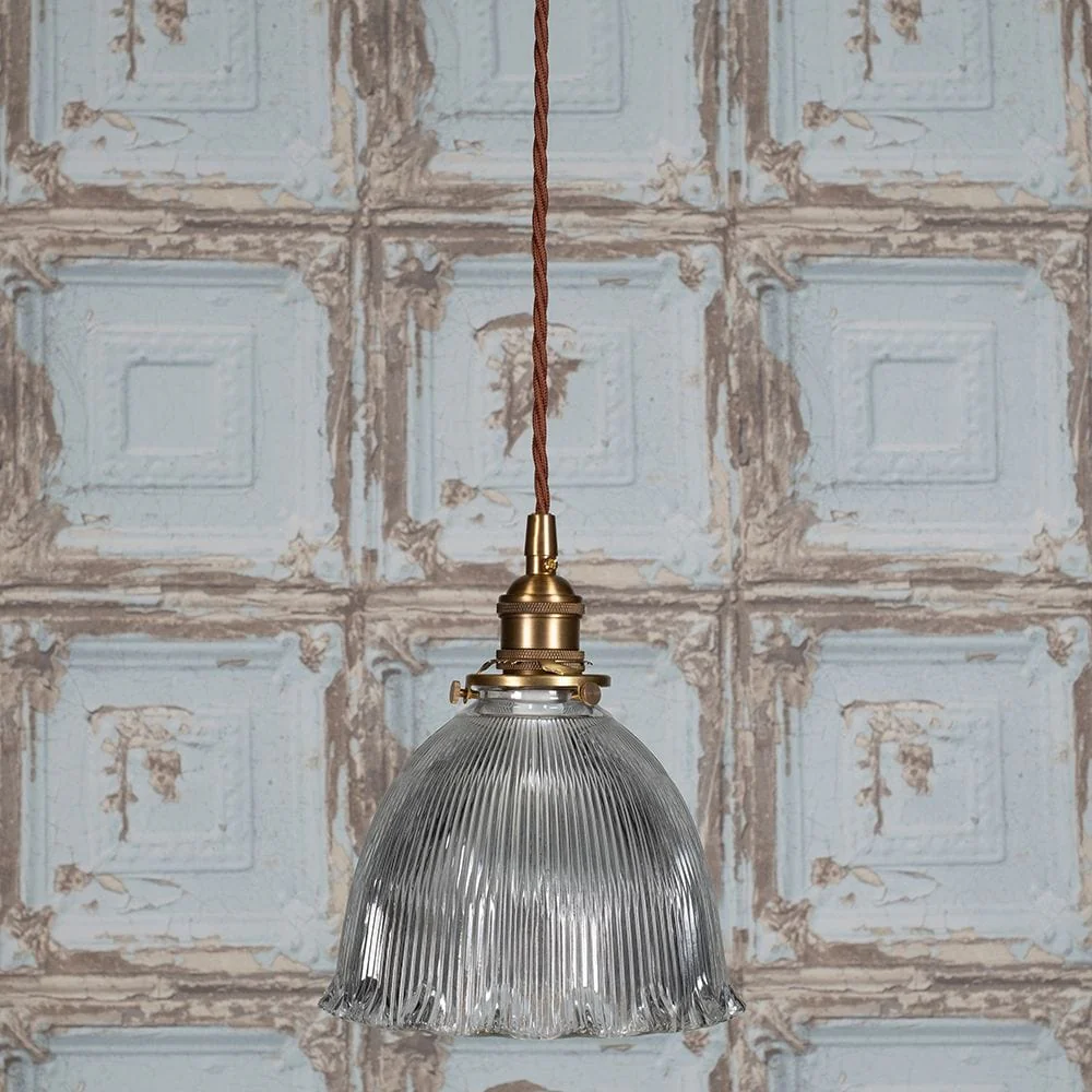 D'Arblay Lacquered Antique Brass French Style Scalloped Prismatic Glass Dome Pendant Light - Image 6