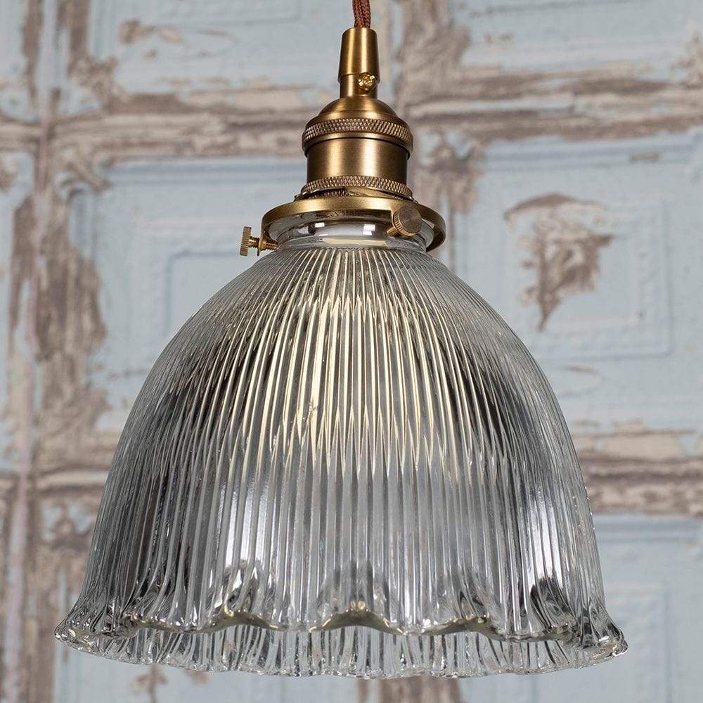 D'Arblay Lacquered Antique Brass French Style Scalloped Prismatic Glass Dome Pendant Light - Image 7