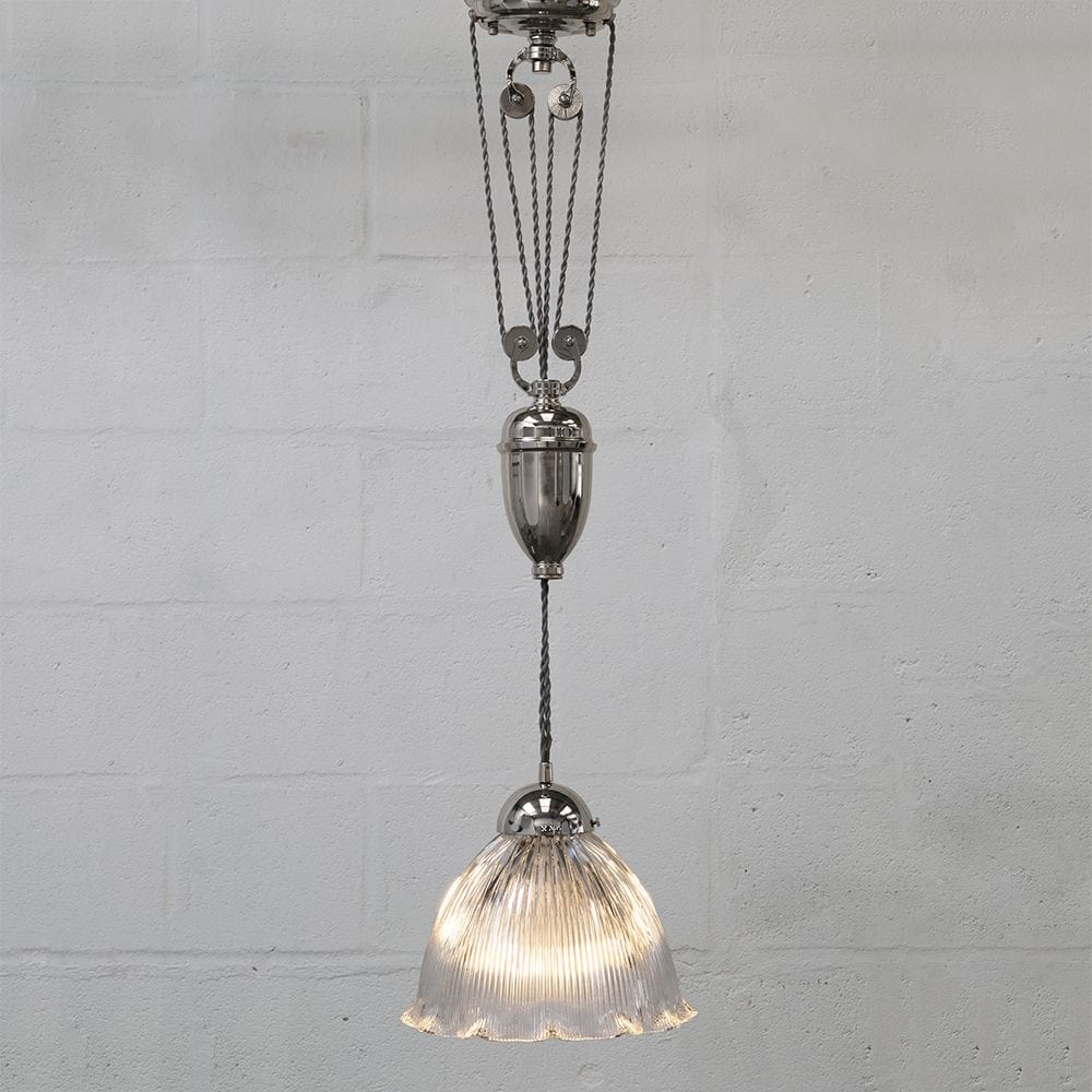 D'Arblay Nickel French Rise and Fall Large Scalloped Dome Dining Room Pendant Light - Image 2