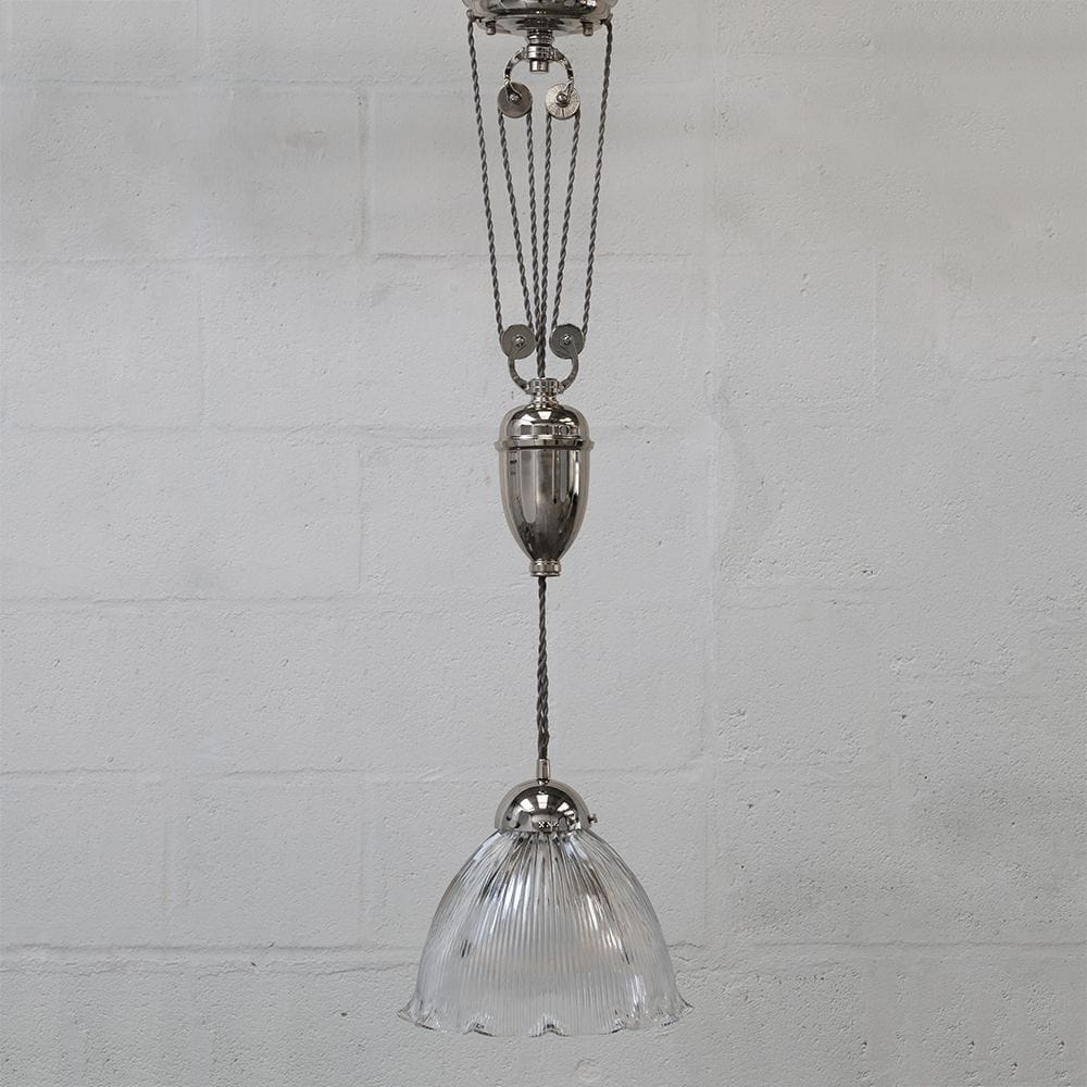 D'Arblay Nickel French Rise and Fall Large Scalloped Dome Dining Room Pendant Light - Image 3