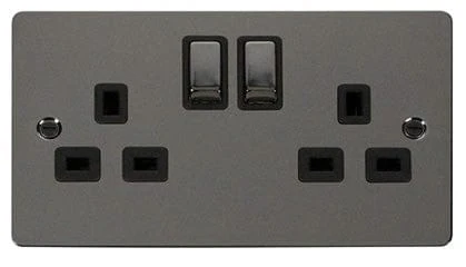 Flat Plate Black Nickel Ingot 2 Gang Twin Double 13A DP Switched Plug Socket