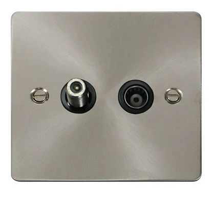 Flat Plate Satin Chrome 1 Gang Satellite & Isolated Coaxial Socket - Black Trim