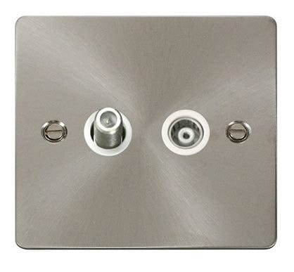 Flat Plate Satin Chrome 1 Gang Satellite & Isolated Coaxial Socket - White Trim