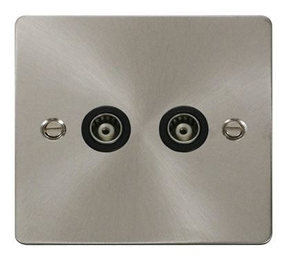 Flat Plate Satin Chrome 2 Gang Isolated Coaxial Socket - Black Trim