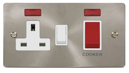 Flat Plate Satin Chrome 45A DP Switch + 13A DP Switched Plug Socket + Neons - White Trim