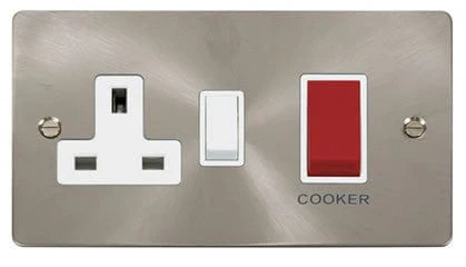 Flat Plate Satin Chrome 45A DP Switch + 13A DP Switched Plug Socket - White Trim