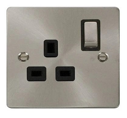Flat Plate Satin Chrome Ingot 1 Gang 13A DP Switched Plug Socket - Black Trim