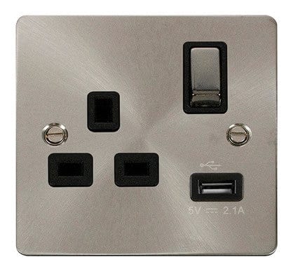Flat Plate Satin Chrome Ingot 1 USB 1 Gang 13A DP Switched Plug Socket - Black Trim