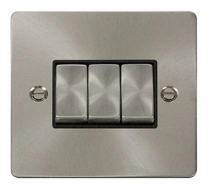 Flat Plate Satin Chrome Ingot 10AX 3 Gang 2 Way Light Switch - Black Trim