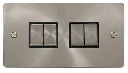 Flat Plate Satin Chrome Ingot 10AX 4 Gang 2 Way Light Switch - Black Trim