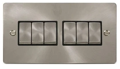 Flat Plate Satin Chrome Ingot 10AX 6 Gang 2 Way Light Switch - Black Trim