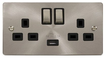 Flat Plate Satin Chrome Ingot 2 Gang 1 USB Twin Double 13A DP Switched Plug Socket - Black Trim