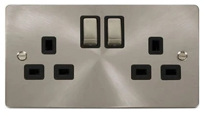 Flat Plate Satin Chrome Ingot 2 Gang Twin Double 13A DP Switched Plug Socket - Black Trim