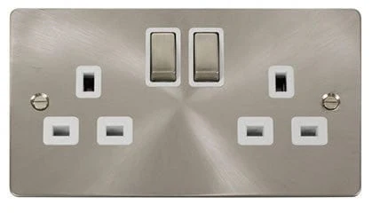 Flat Plate Satin Chrome Ingot 2 Gang Twin Double 13A DP Switched Plug Socket - White Trim
