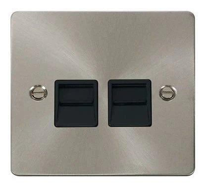 Flat Plate Satin Chrome Twin Telephone Socket Master - Black Trim